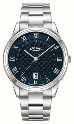 Rotary Vestido data quartzo (40,5 mm) mostrador azul marinho escuro / pulseira de aço inoxidável GB05390/66