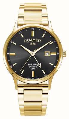 Roamer Mostrador preto R-line gmt (43 mm) / pulseira intercambiável em aço inoxidável dourado e pulseira em couro preto 990987 48 85 05