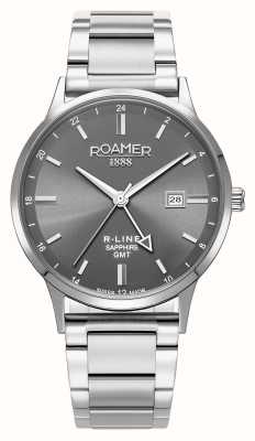 Roamer Mostrador cinza R-line GMT (43 mm) / pulseira intercambiável em aço inoxidável e pulseira em couro preto 990987 41 55 05