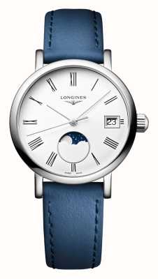 LONGINES A elegante coleção Longines Moonphase Quartz (30 mm), mostrador branco fosco / pulseira de couro azul L43304112