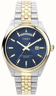Timex Mostrador legado day-date (41 mm) azul sunray/pulseira em aço inoxidável de dois tons TW2W42600
