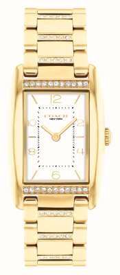 Coach Mostrador retangular branco reese feminino/pulseira de aço inoxidável em tom dourado com cristal 14504316