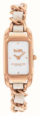 Coach Mostrador retangular branco cadie feminino/pulseira de couro branco em ouro rosa e aço inoxidável 14504283