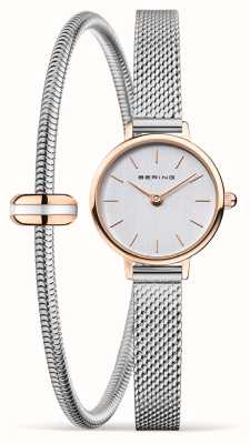 Bering Conjunto clássico feminino de relógio e pulseira (22 mm) mostrador prateado / pulseira de malha de aço inoxidável 11022-064-LOVELY-2-GWP190