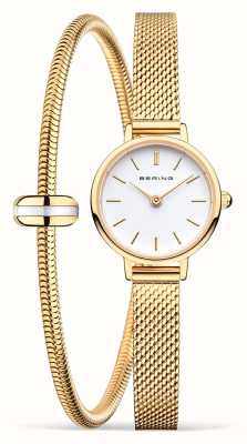 Bering Conjunto de presente clássico feminino (22 mm) mostrador branco/pulseira de malha de aço inoxidável dourado 11022-334-LOVELY-1-GWP190
