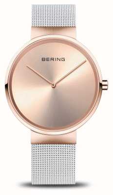 Bering Mostrador clássico (39 mm) em ouro rosa/pulseira em malha de aço branco 14539-266