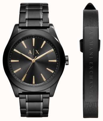 Armani Exchange Relógio masculino e conjunto de presente pulseira | mostrador preto | aço inoxidável preto AX7102