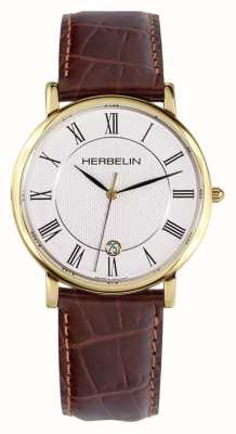 Herbelin Clássico (38mm) mostrador branco / pulseira de couro marrom 12248P08MA