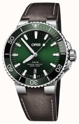 ORIS Aquis data automático (43,5 mm) mostrador verde / pulseira de couro marrom 01 733 7730 4157-07 5 24 10EB