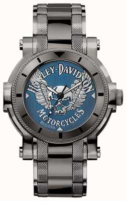 Harley Davidson Homens para ele | pulseira de aço inoxidável preto | mostrador azul 78A117
