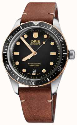 ORIS Divers sessenta e cinco mostrador preto automático (40 mm) / pulseira de couro marrom 01 733 7707 4354-07 5 20 45