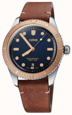 ORIS Divers sessenta e cinco mostrador azul automático (40 mm) / pulseira de couro marrom 01 733 7707 4355-07 5 20 45