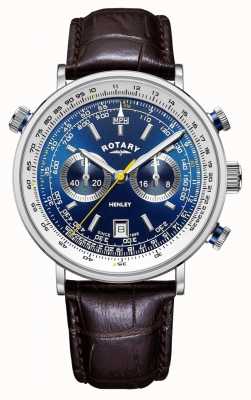 Rotary | cronógrafo henley masculino | mostrador azul | pulseira de couro marrom GS05235/05