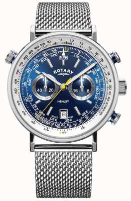 Rotary | cronógrafo henley masculino | pulseira em malha de aço | mostrador azul GB05235/05