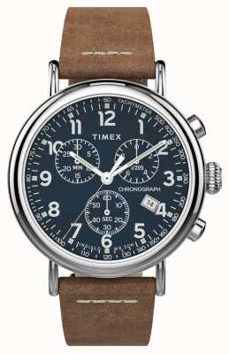 Timex | crono standard 41mm | pulseira de couro marrom | mostrador azul | TW2T68900