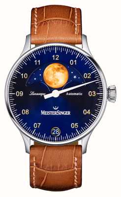 MeisterSinger Lunascope | mostrador azul | pulseira de couro marrom LS908G