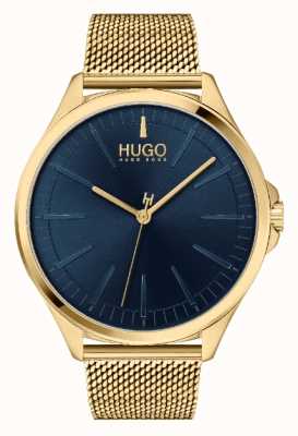 HUGO #Smash masculino casual | mostrador azul | pulseira de malha ip ouro 1530178