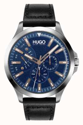 HUGO #Leap masculino | mostrador azul | sotaque rosa-ouro | relógio de pulseira de couro preto 1530172