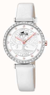 Lotus Pulseira de couro branco feminino | mostrador de árvore branco / prata L18707/1