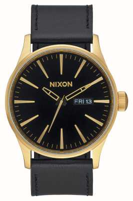 Nixon Couro Sentinela | ouro / preto | pulseira de couro preta mostrador preto A105-513-00