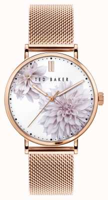 Ted Baker | mulheres | phylipa peonia | pulseira em malha de ouro rosa | mostrador floral branco | BKPPHF010