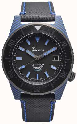 Squale Estilo de carbono | mostrador preto / azul | pulseira de microfibra preta - costura azul T183BL-CINT183BL