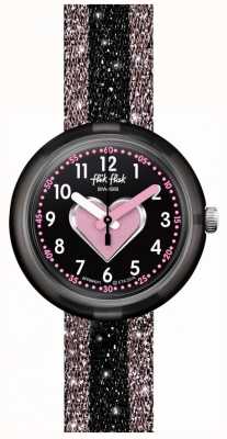 Flik Flak Cuoricino | pulseira têxtil rosa / preta | mostrador preto FPNP071