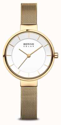 Bering Relógio solar feminino com pulseira de malha folheada a ouro 14631-324