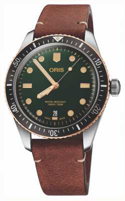 ORIS Divers sessenta e cinco mostrador verde automático (40 mm) / pulseira de couro marrom 01 733 7707 4357-07 5 20 45