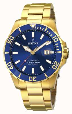 estina Masculino | mostrador azul | pulseira banhada a ouro | relógio automático F20533/1