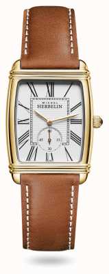 Herbelin Relógio masculino art déco com pulseira de couro marrom e mostrador branco 10638/P08GO