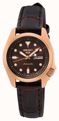 Seiko 5 esporte | compacto 28mm | mostrador marrom | pulseira de couro marrom | relógio automático SRE006K1