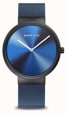 Bering Aurora clássica | mostrador azul aurora boreal | pulseira azul milanesa | caixa de aço inoxidável preto escovado 19039-327