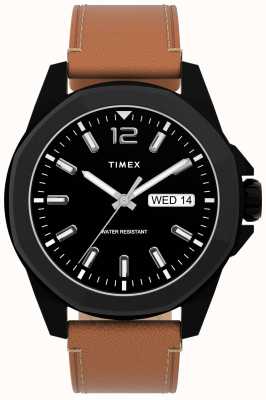 Timex Essex ave day/date 44mm caixa preta mostrador preto pulseira de couro marrom TW2U15100