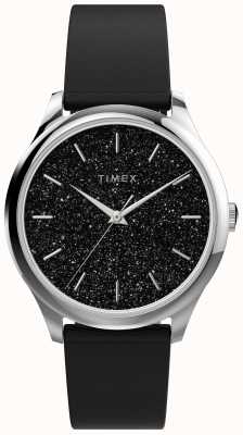 Timex Caixa em tom prateado com mostrador de glitter preto e pulseira preta TW2V01100