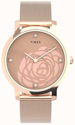 Timex Wms transcende a caixa em tom de ouro rosa com recorte floral e pulseira de malha TW2U98100