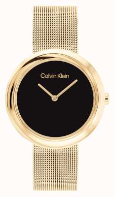 Calvin Klein Mostrador preto feminino | pulseira de malha de aço inoxidável de ouro 25200012