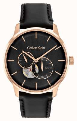 Calvin Klein Pulseira de couro de relógio automático preto e ouro rosa para homem 25200074