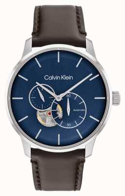 Calvin Klein Relógio de mostrador azul com pulseira de couro marrom automático masculino 25200075
