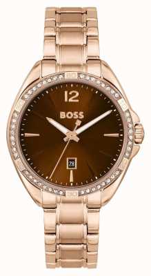 BOSS Felina Feminina | mostrador marrom | pulseira de aço inoxidável de ouro rosa 1502621
