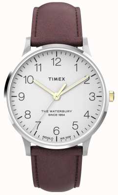 Timex Clássico Waterbury Masculino | mostrador branco | alça de couro marrom TW2V28800