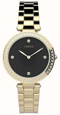 Timex Mulher | adornar com cristais | mostrador preto | ouro de aço inoxidável TW2V24400