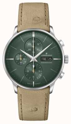 Junghans Cronoscópio Meister | mostrador verde | pulseira de couro bege data inglesa 27/4222.03