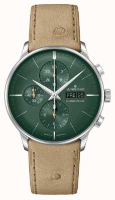 Junghans Cronoscópio Meister | mostrador verde | pulseira de couro bege data alemã 27/4222.02