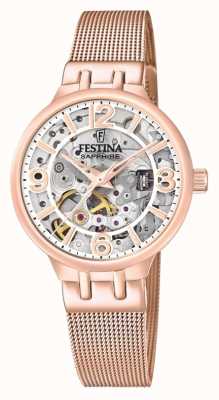 Festina Relógio feminino esqueleto em tom de ouro rosa com pulseira de malha F20581/2