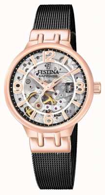 Festina Relógio feminino esqueleto banhado a ouro rosa/preto com pulseira de malha F20581/3