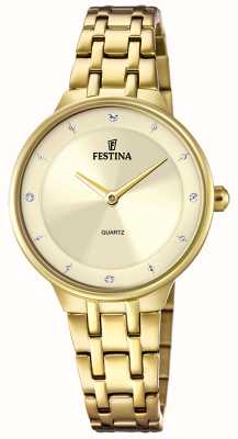 Festina Relógio feminino com mostrador dourado c/conjunto cz e pulseira de aço F20601/2