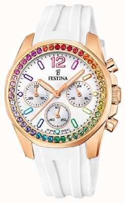 estina Relógio crono feminino em aço rosa com pulseira de borracha F20611/2