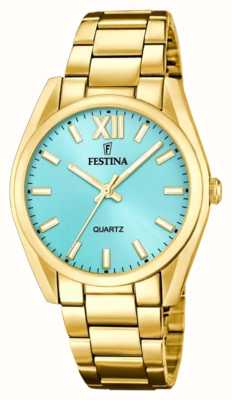 Relógio Festina feminino dourado com mostrador azul sunray F20640/2