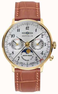 Zeppelin Relógio feminino Lz129 Hindenburg | pulseira de couro marrom | caixa de ouro 7039-1